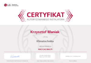 Certyfikat na montaż klimatyzatorów lg